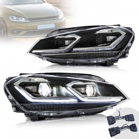 FAROS GOLF 7 MK7 VII CROMADOS ESTILO 7.5 DE 2012 A 2017 CON LUZ DIURNA LED Y DIRECCIONAL DINÁMICA.