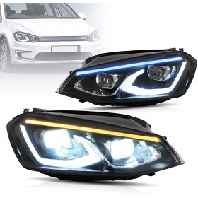 Voll-LED-Scheinwerfer für Golf 7 MK7 von 2012 bis 2017, mit weißen LED-Tagfahrlichtern.