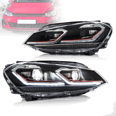 FAROS GOLF 7 MK7 VII ESTILO 7.5 ROJO GTI CON LEDS INTEGRADOS DE LUZ DIURNA Y LUZ DIRECCIONAL DINÁMICA.